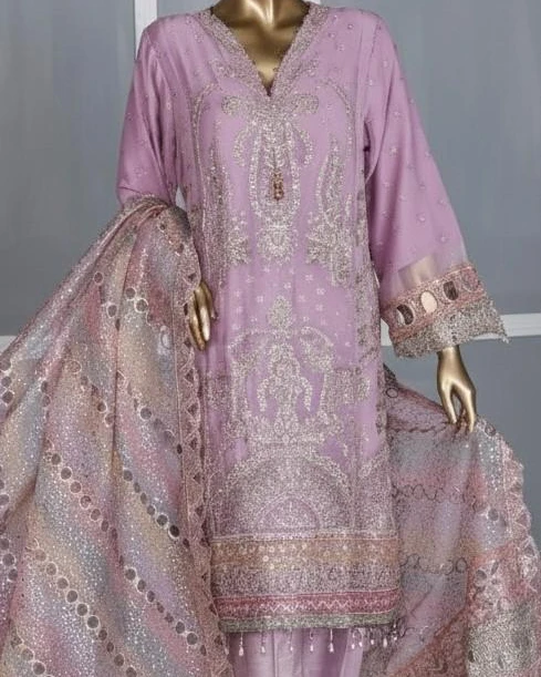 Pakistani Lavish Heavy Embroidered Unstitched Chiffon Three Piece - Purple