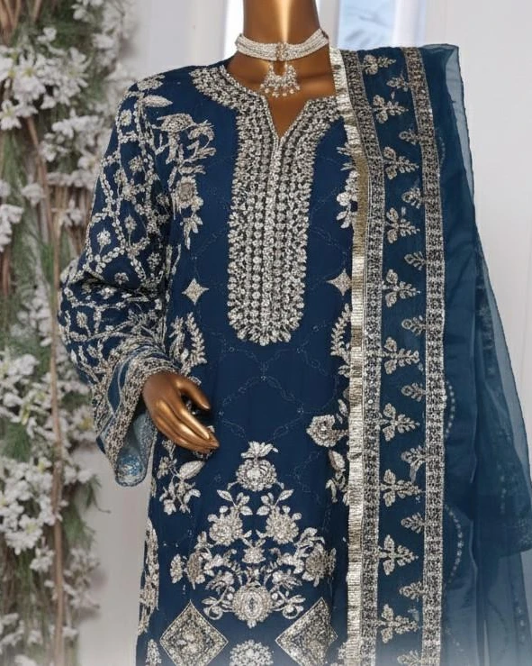 Pakistani Lavish Heavy Embroidered Unstitched Chiffon Three Piece - Blue Zodiac