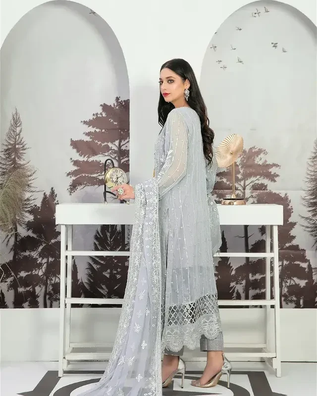 Pakistani Tawakkal Neeshama Unstitched Luxury Chiffon Three Piece - Silver Sand