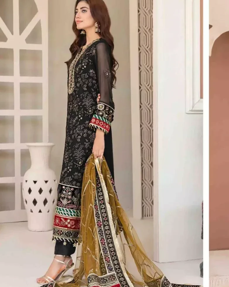 Pakistani Tawakkal Fenella Unstitched Luxury Chiffon Three Piece - Black Olive