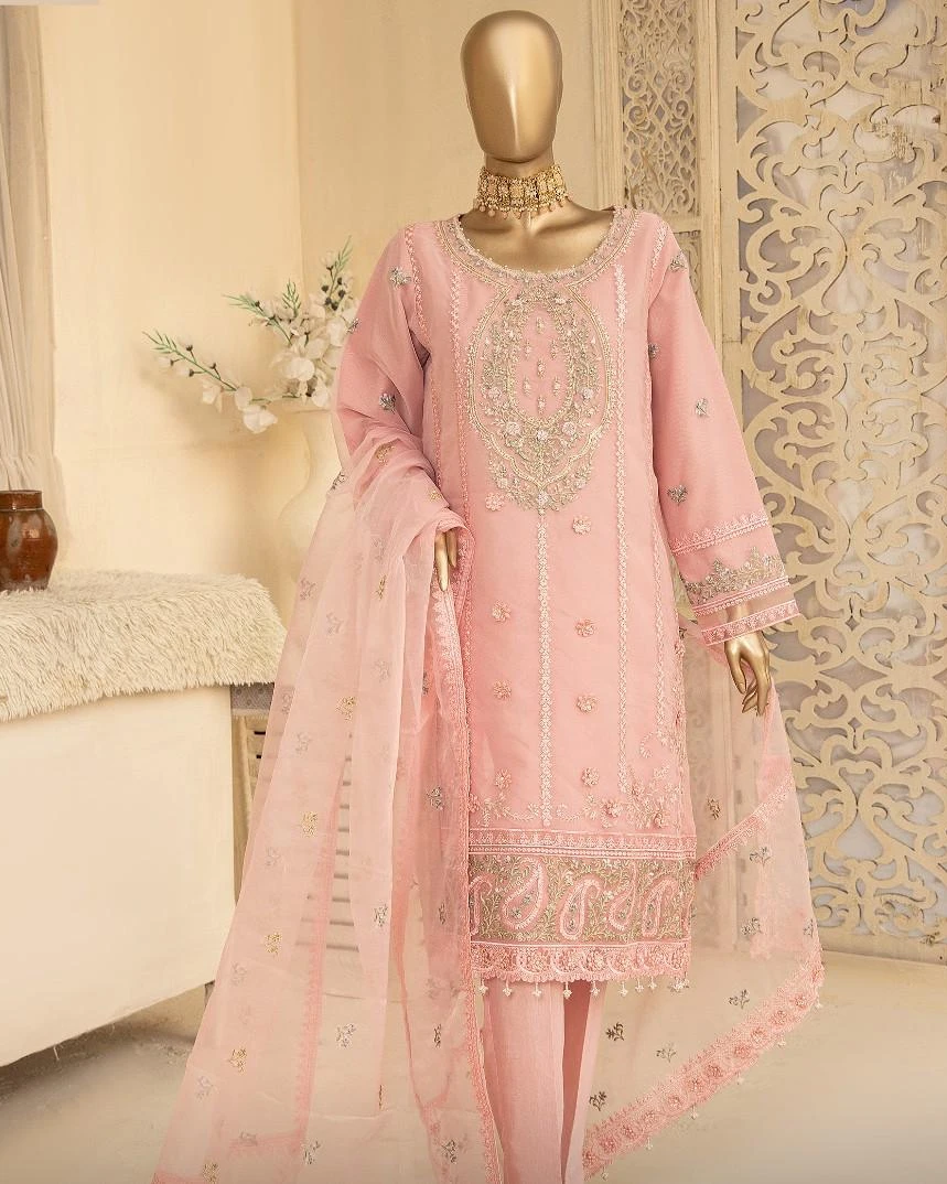 Pakistani Ankahi Karchupi Worked Unstitched Three Piece - Pink