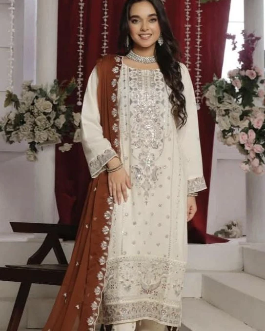 Pakistani Bin Hameed Embroidered Unstitched Chiffon Three Piece - Vanilla