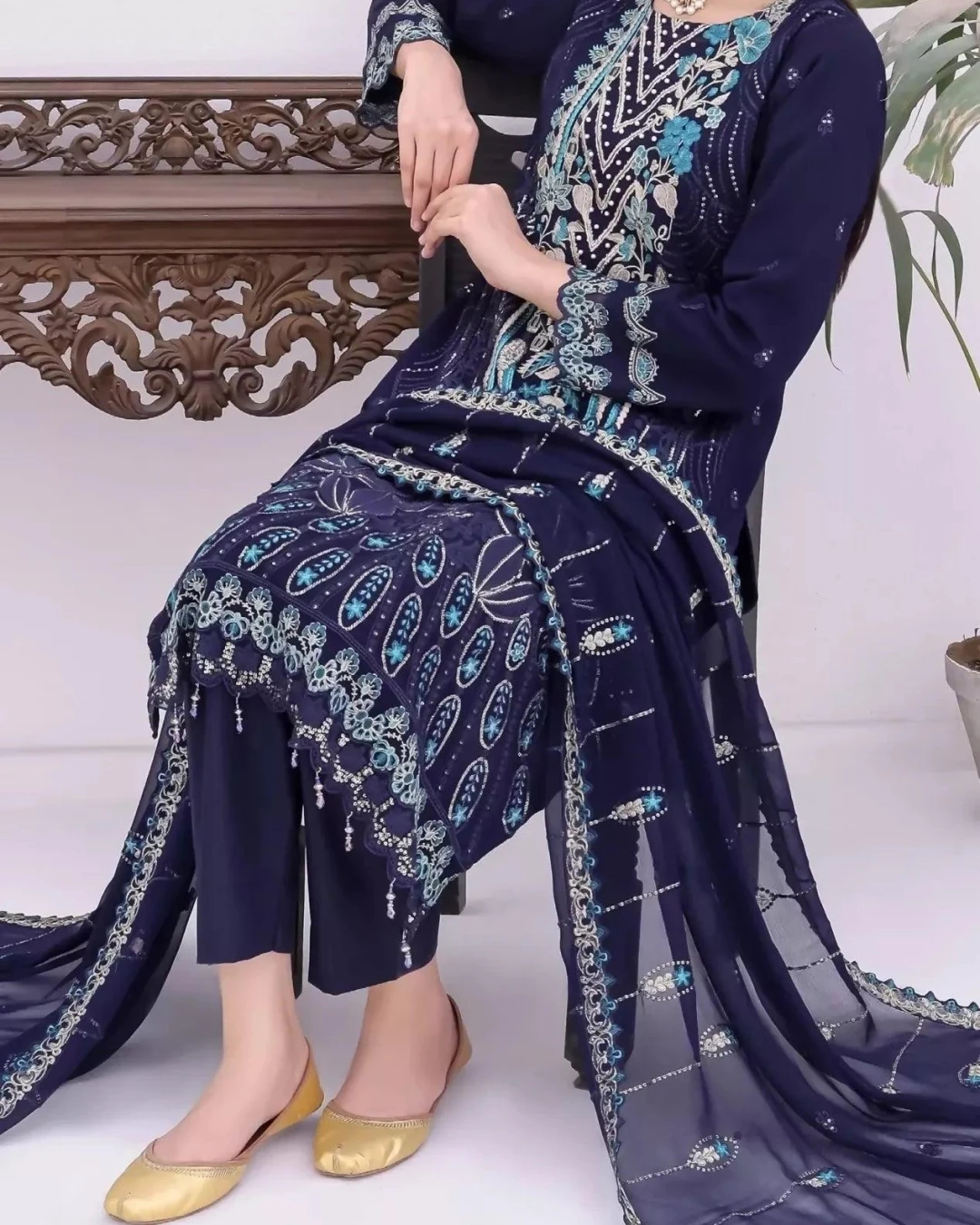 Pakistani Bin Hameed Horain Embroidered Unstitched Chiffon Three Piece - Blue Zodiac
