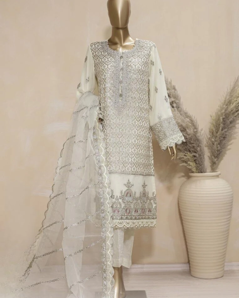 Pakistani Lavish Heavy Embroidered Unstitched Organza Three Piece - Grey Goose