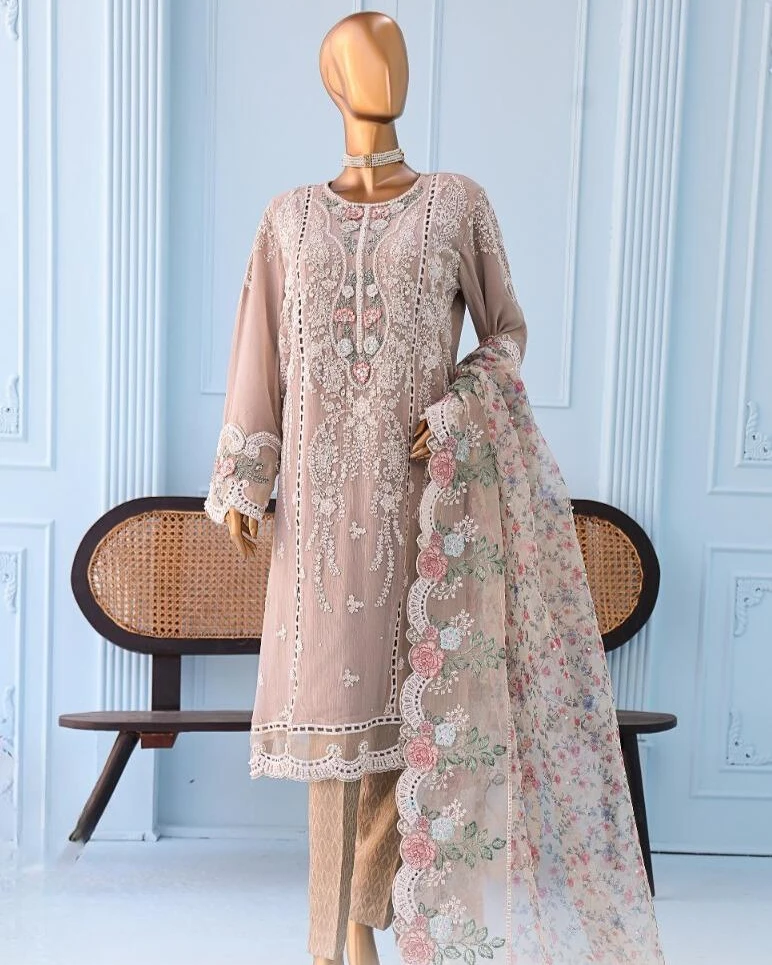 Pakistani Lavish Heavy Embroidered Unstitched Organza Three Piece - Hemp
