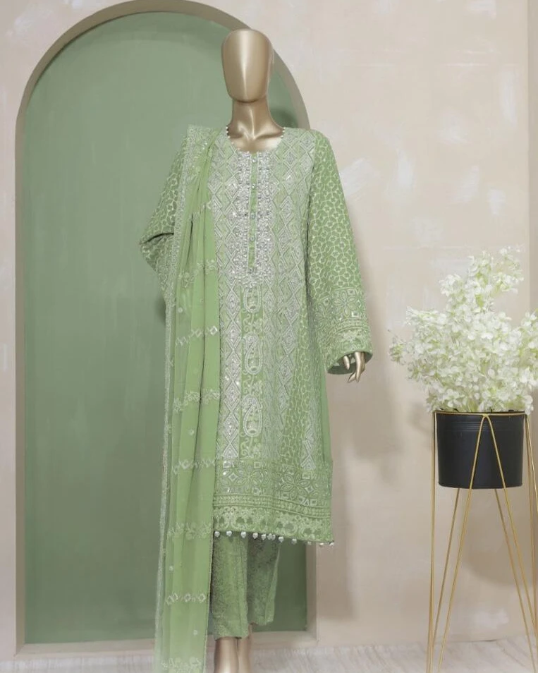 Pakistani Lavish Heavy Embroidered Unstitched Organza Three Piece - Sage