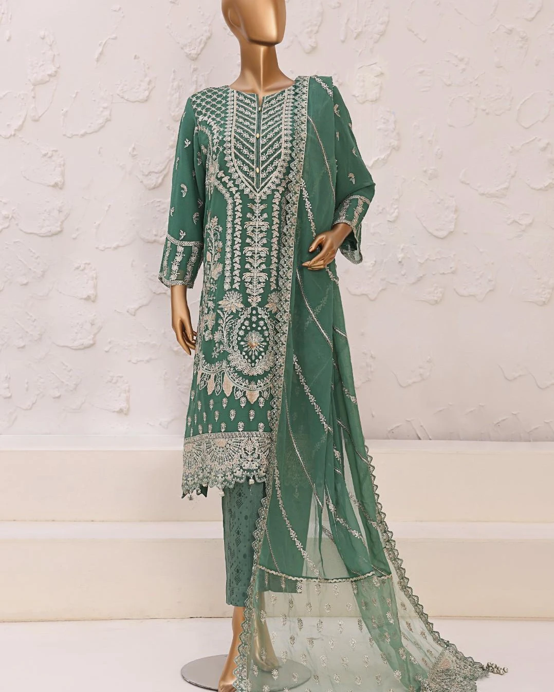 Pakistani Lavish Heavy Embroidered Unstitched Organza Three Piece - Mineral Green