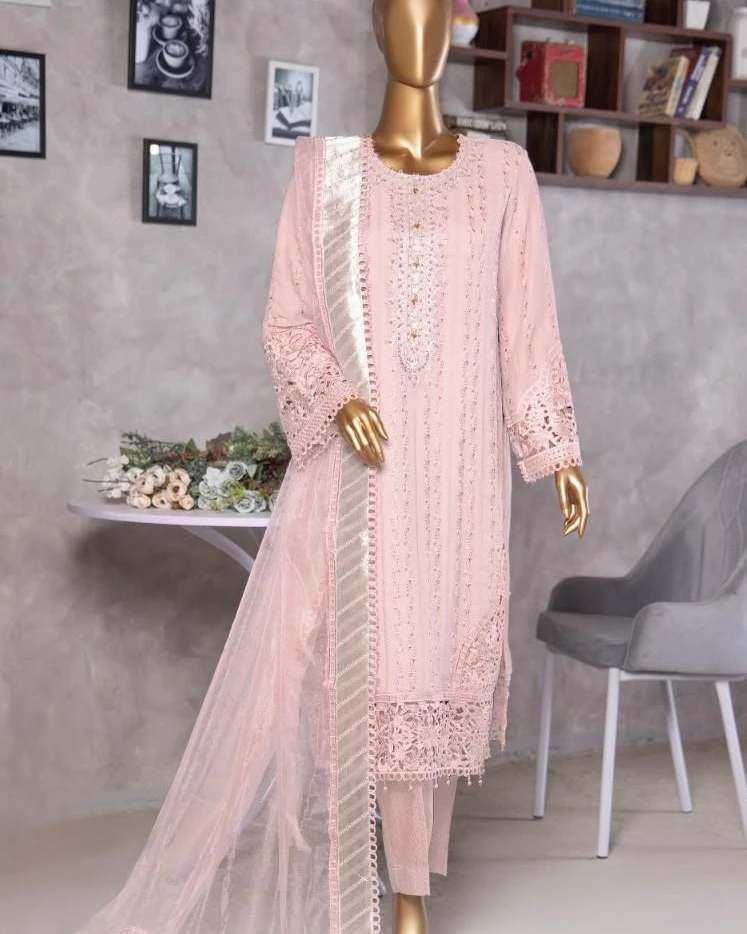 Pakistani Lavish Heavy Embroidered Unstitched Chiffon Three Piece - Light Pink
