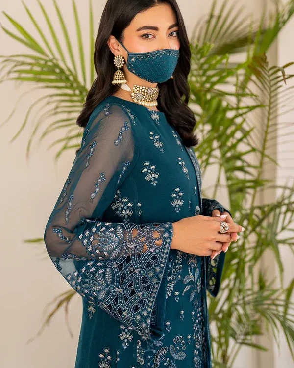 Pakistani Shareef Khanani Unstitched Luxury Chiffon Three Piece - Prussian Blue