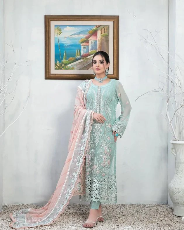 Pakistani Majesty Ramsha Embroidered Chiffon Unstitched Three Piece - Neptune