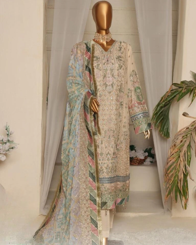 Pakistani Lavish Heavy Embroidered Unstitched Organza Three Piece - Quicksand