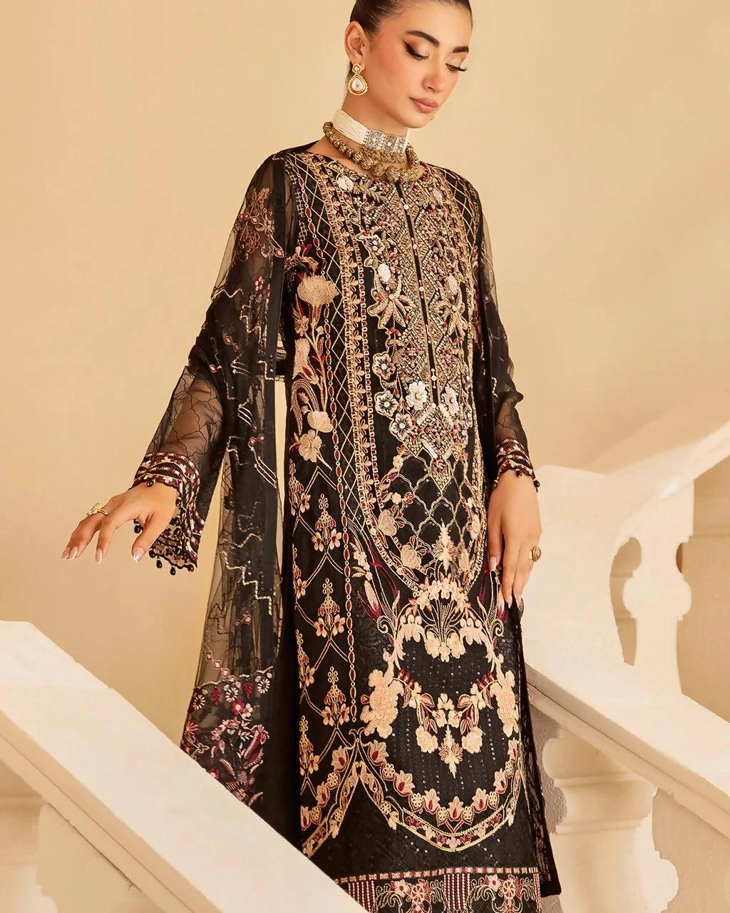 Pakistani Minhal by Ramsha Embroidered Organza Unstitched Three Piece - Dark