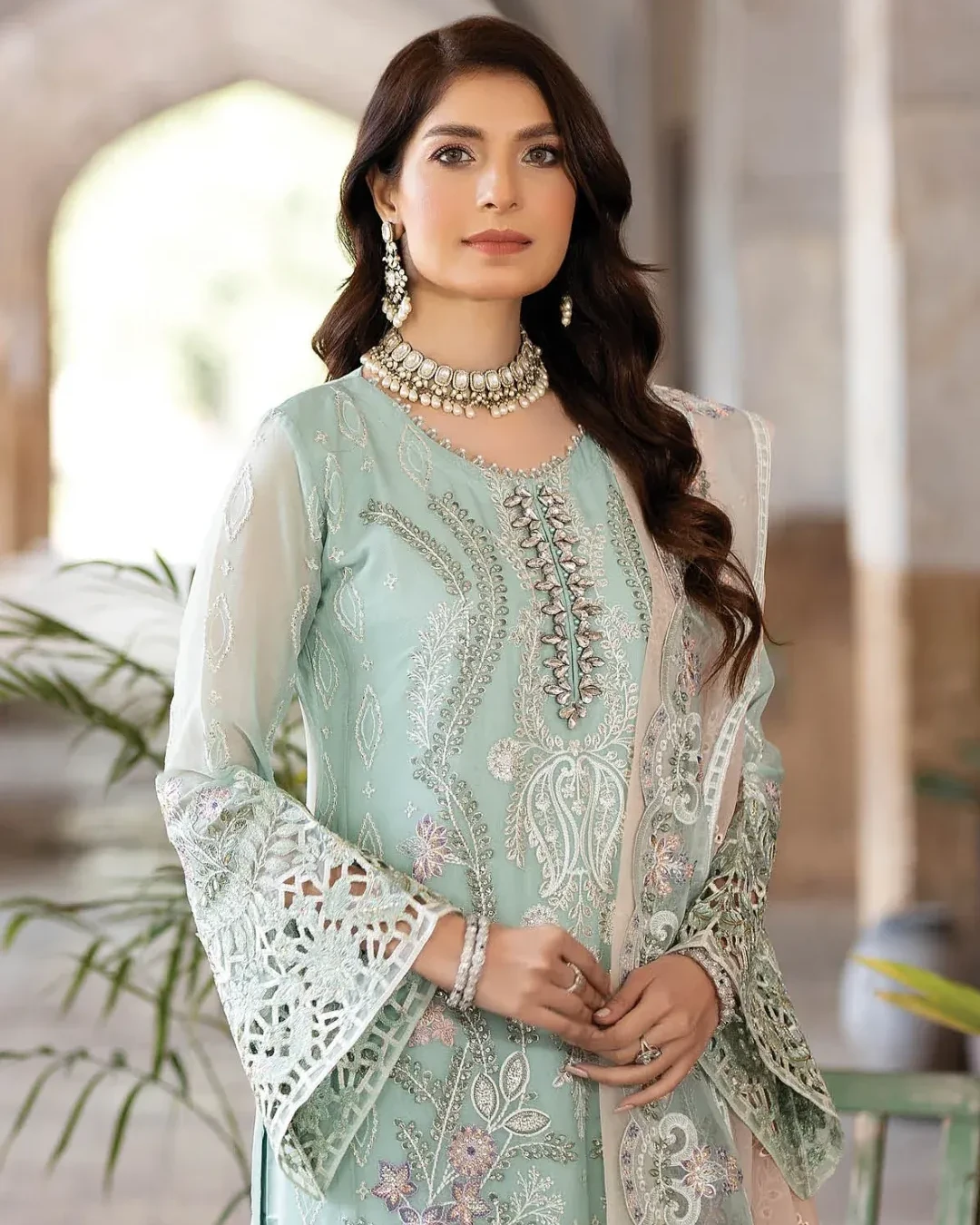 Pakistani Noor Embroidered Unstitched Chiffon Three Piece - Opal