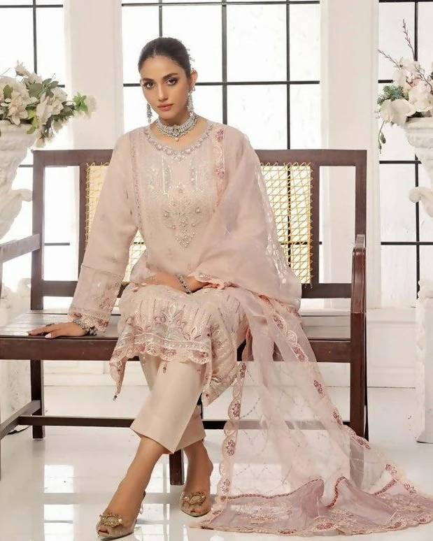Pakistani Bin Hameed Horain Luxury Embroidered Unstitched Chiffon Three Piece - Blush