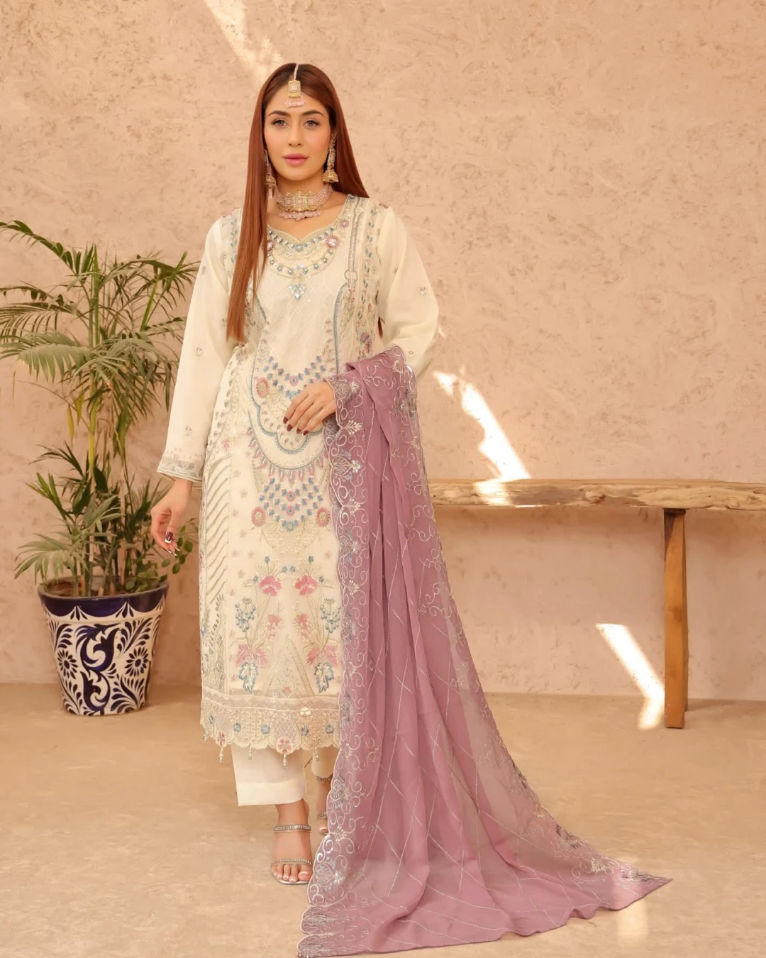 Pakistani Bin Hameed Middhat Embroidered Unstitched Chiffon Three Piece - Maize