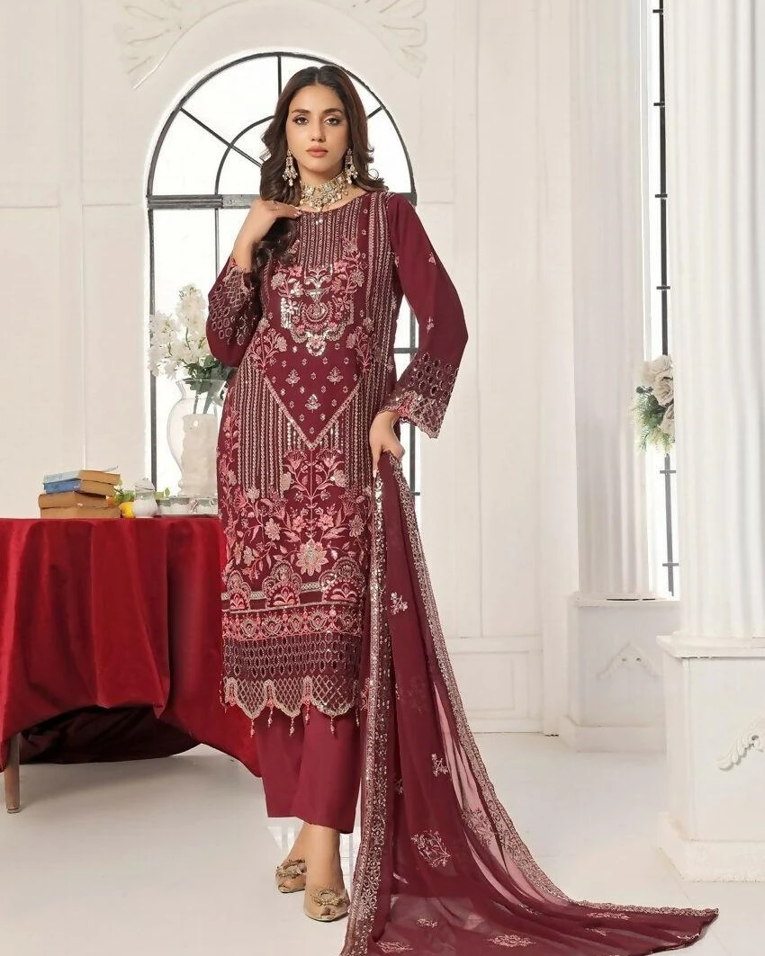 Pakistani Bin Hameed Horain Luxury Embroidered Unstitched Chiffon Three Piece - Merlot