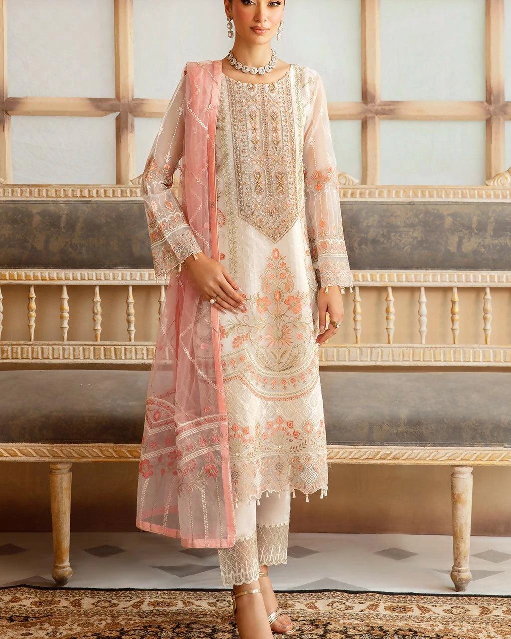 Pakistani Minhal by Ramsha Embroidered Unstitched Organza Three Piece - Off White