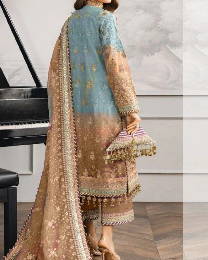 Pakistani Maaria Unstitched Luxury Chiffon Three Piece - Blue X Cocoa