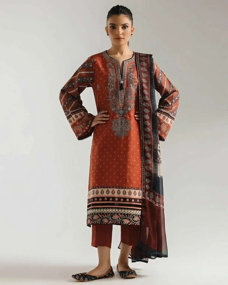 Ethnic Rust Terracotta Embroidered Printed Lawn 3-Piece Suit (E0613/203/622)