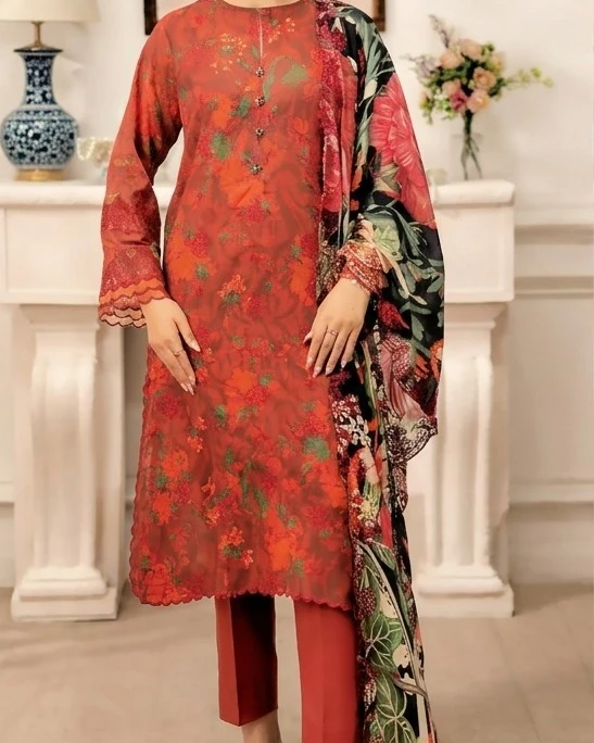 Samaira Rust Terracotta Embroidered Premium Cotton 3-Piece Suit