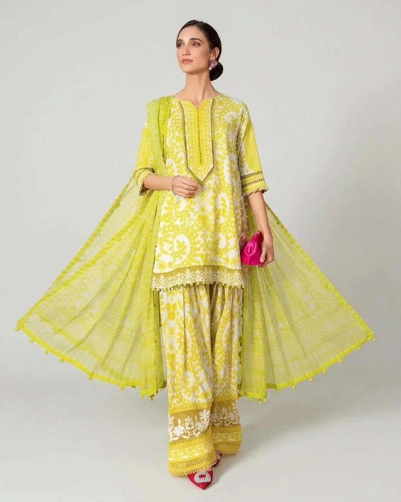 Reyah Lime Zest Embroidered Premium Cotton 3-Piece Suit
