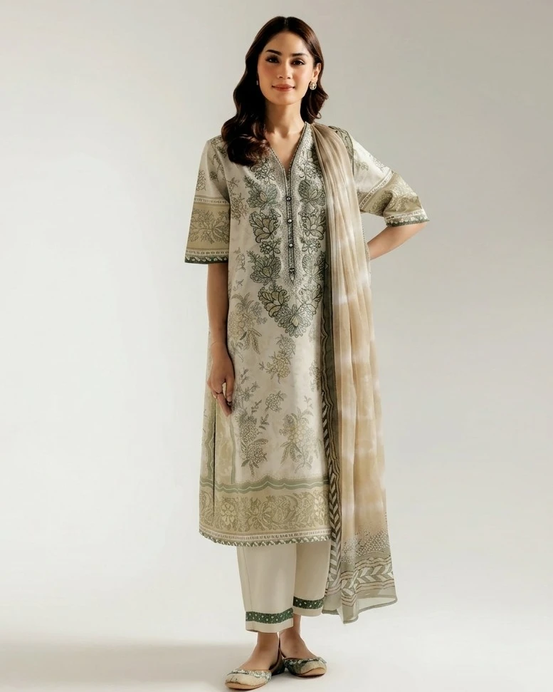 Ethnic Olive Sage Embroidered Printed Cotton 3-Piece Suit