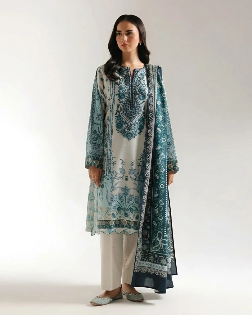 Naira Teal Jade Embroidered Premium Cotton 3-Piece Suit
