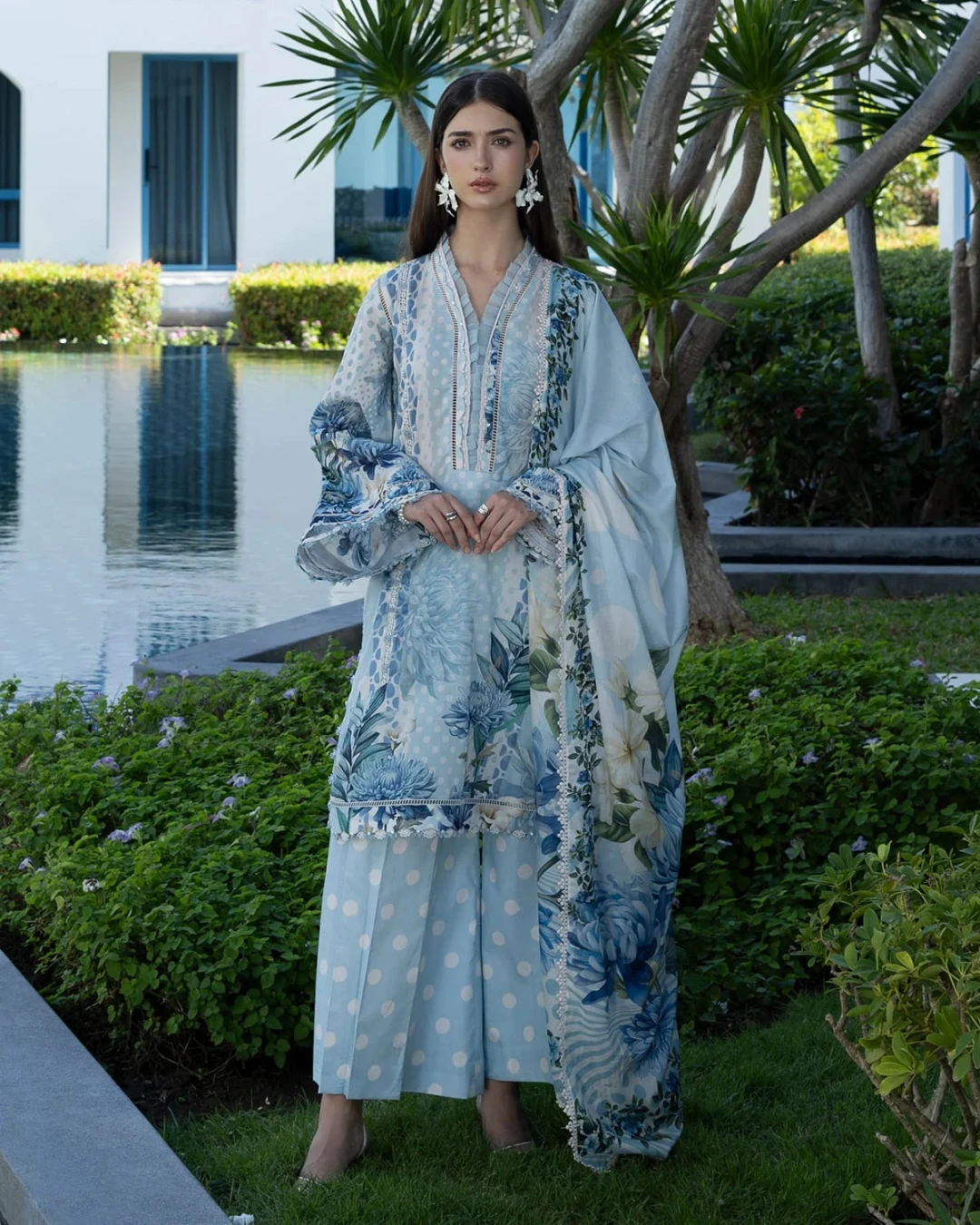 Meera Serene Azure Printed Premium Slub Cotton 3-Piece Suit