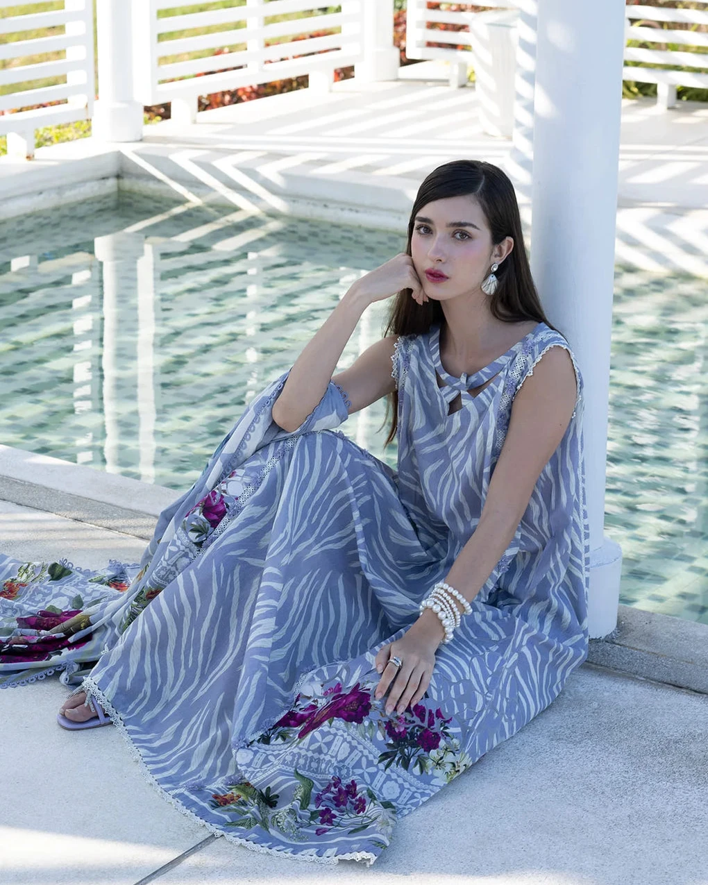 Aalia Peri Periwinkle Printed Premium Slub Cotton 3-Piece Suit