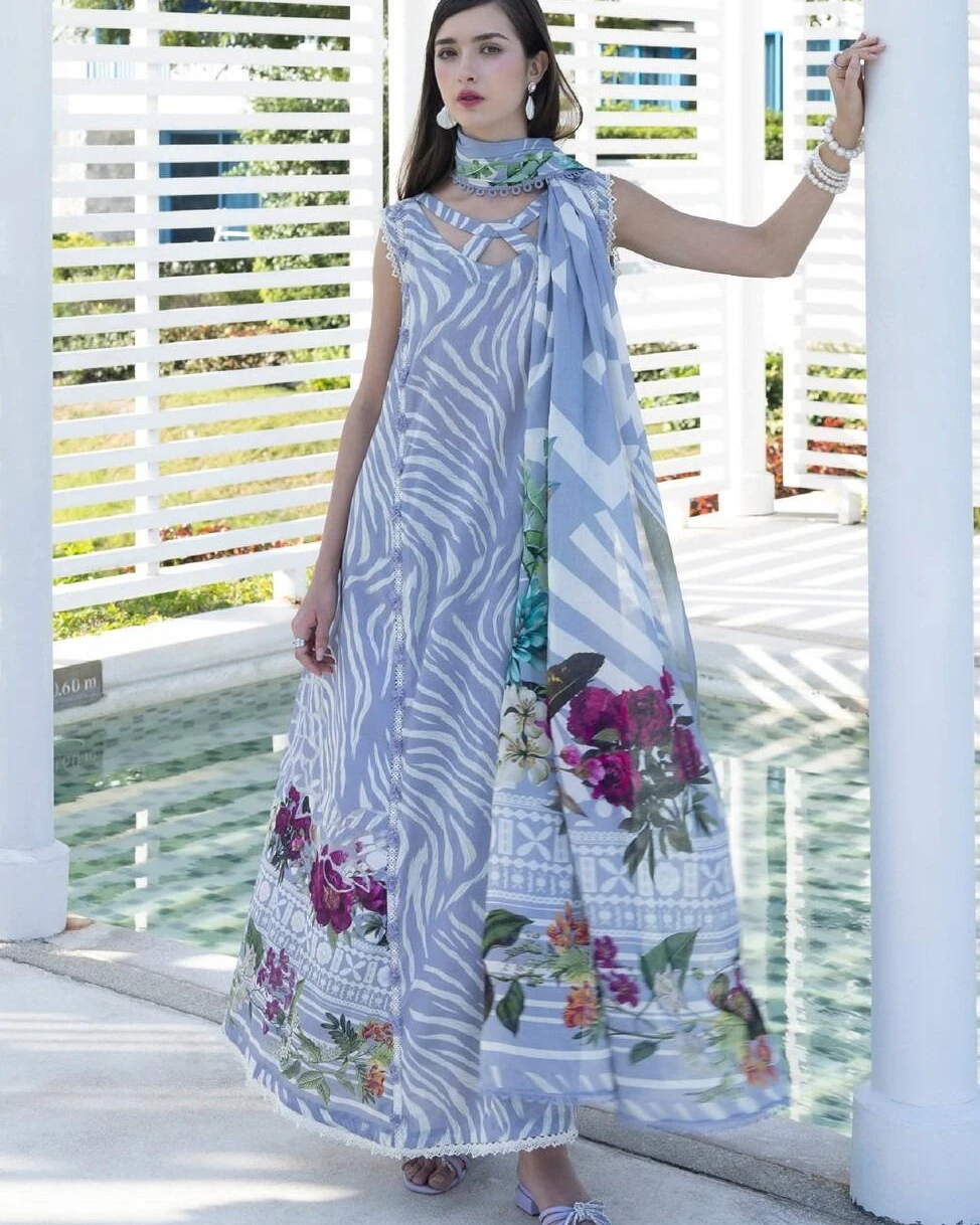 Aalia Peri Periwinkle Printed Premium Slub Cotton 3-Piece Suit