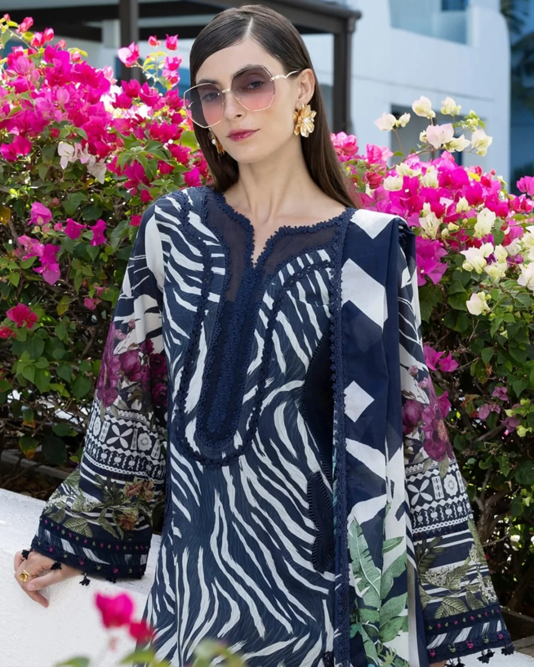 Aalia Midnight Navy Printed Premium Slub Cotton 3-Piece Suit