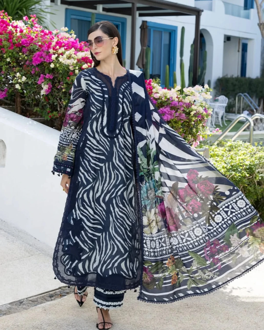 Aalia Midnight Navy Printed Premium Slub Cotton 3-Piece Suit