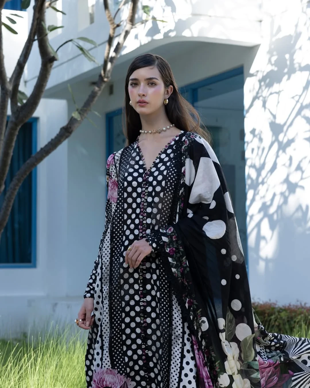 Meera Onyx Polka Printed Premium Slub Cotton 3-Piece Suit