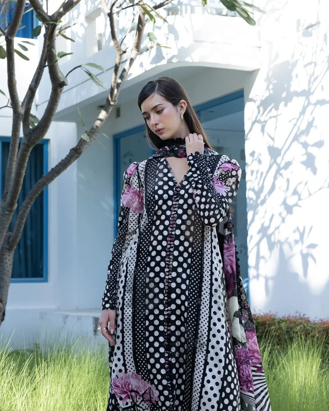 Meera Onyx Polka Printed Premium Slub Cotton 3-Piece Suit