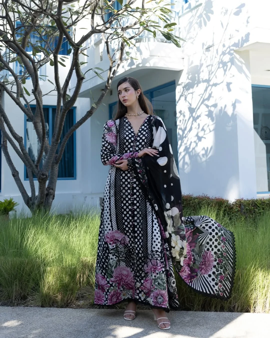 Meera Onyx Polka Printed Premium Slub Cotton 3-Piece Suit