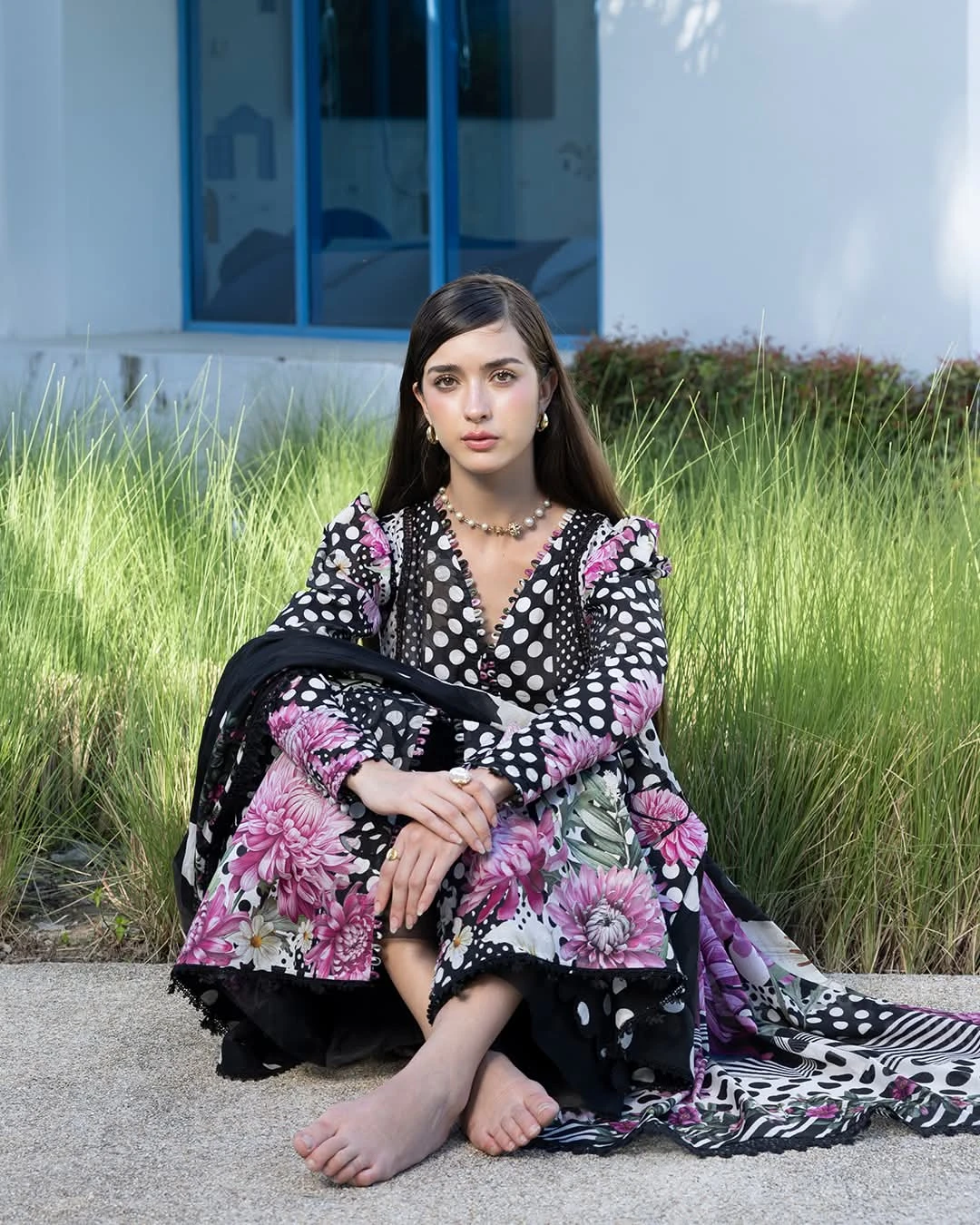 Meera Onyx Polka Printed Premium Slub Cotton 3-Piece Suit