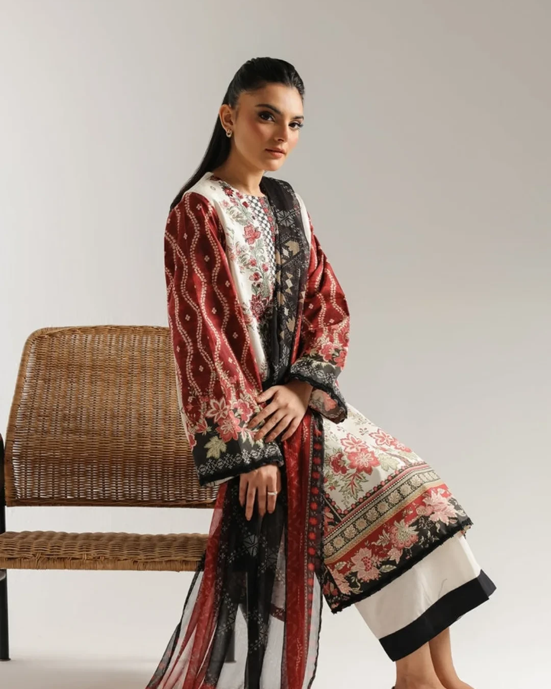 Zoya Crimson Ivory Embroidered Premium Cotton 3-Piece Suit