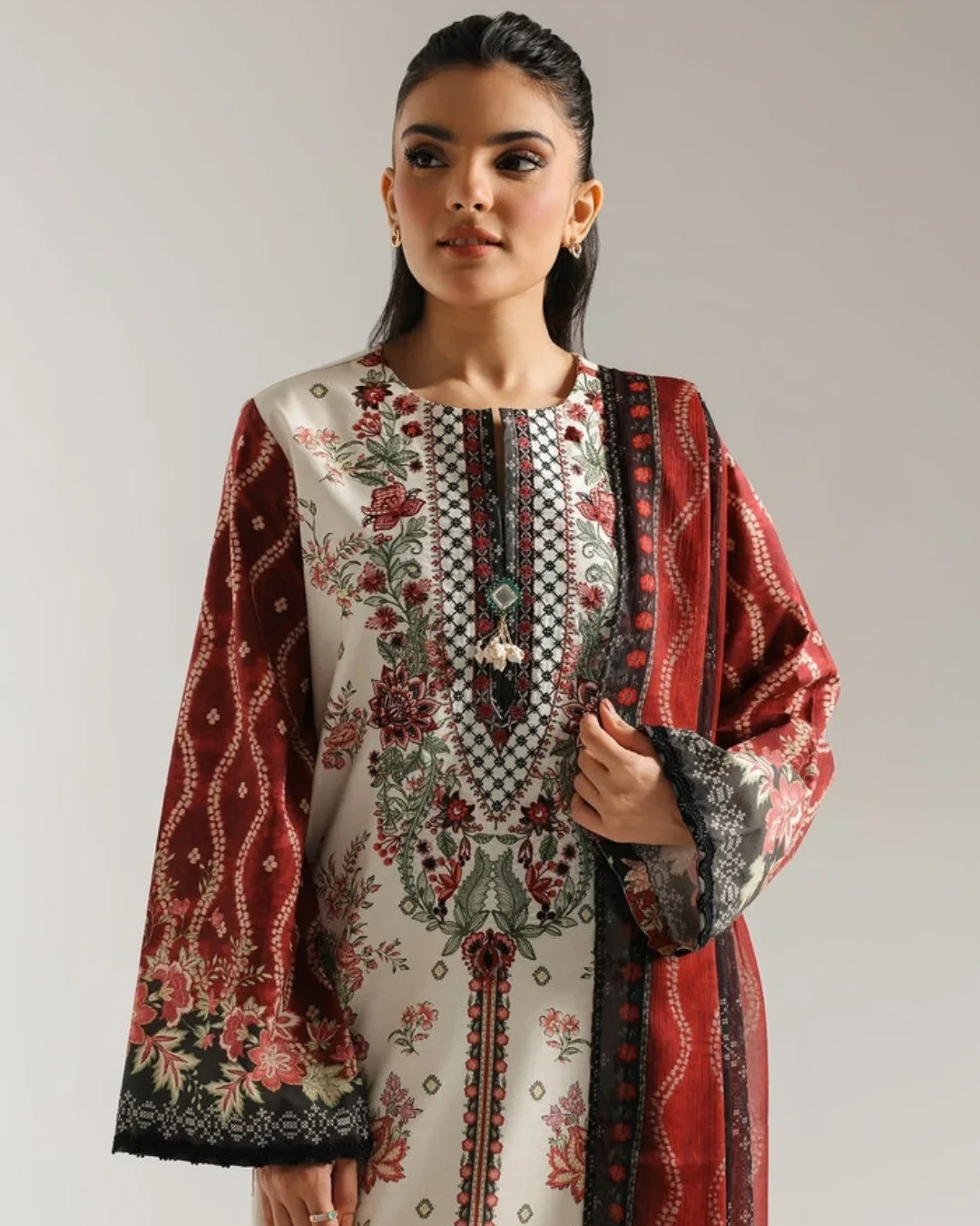 Zoya Crimson Ivory Embroidered Premium Cotton 3-Piece Suit