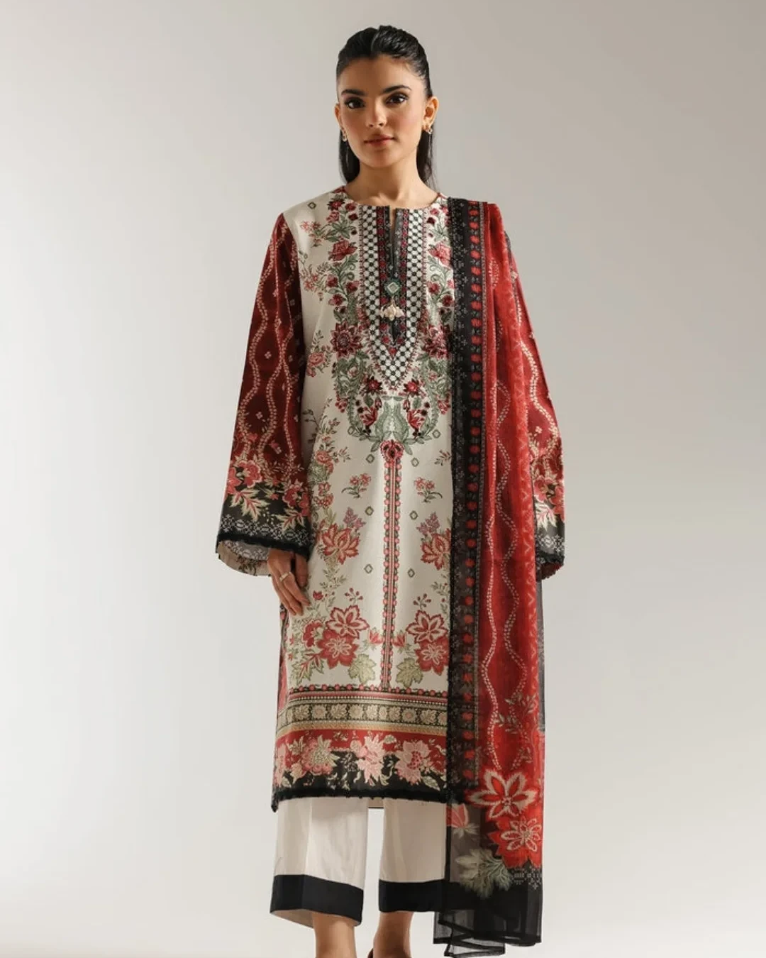 Zoya Crimson Ivory Embroidered Premium Cotton 3-Piece Suit