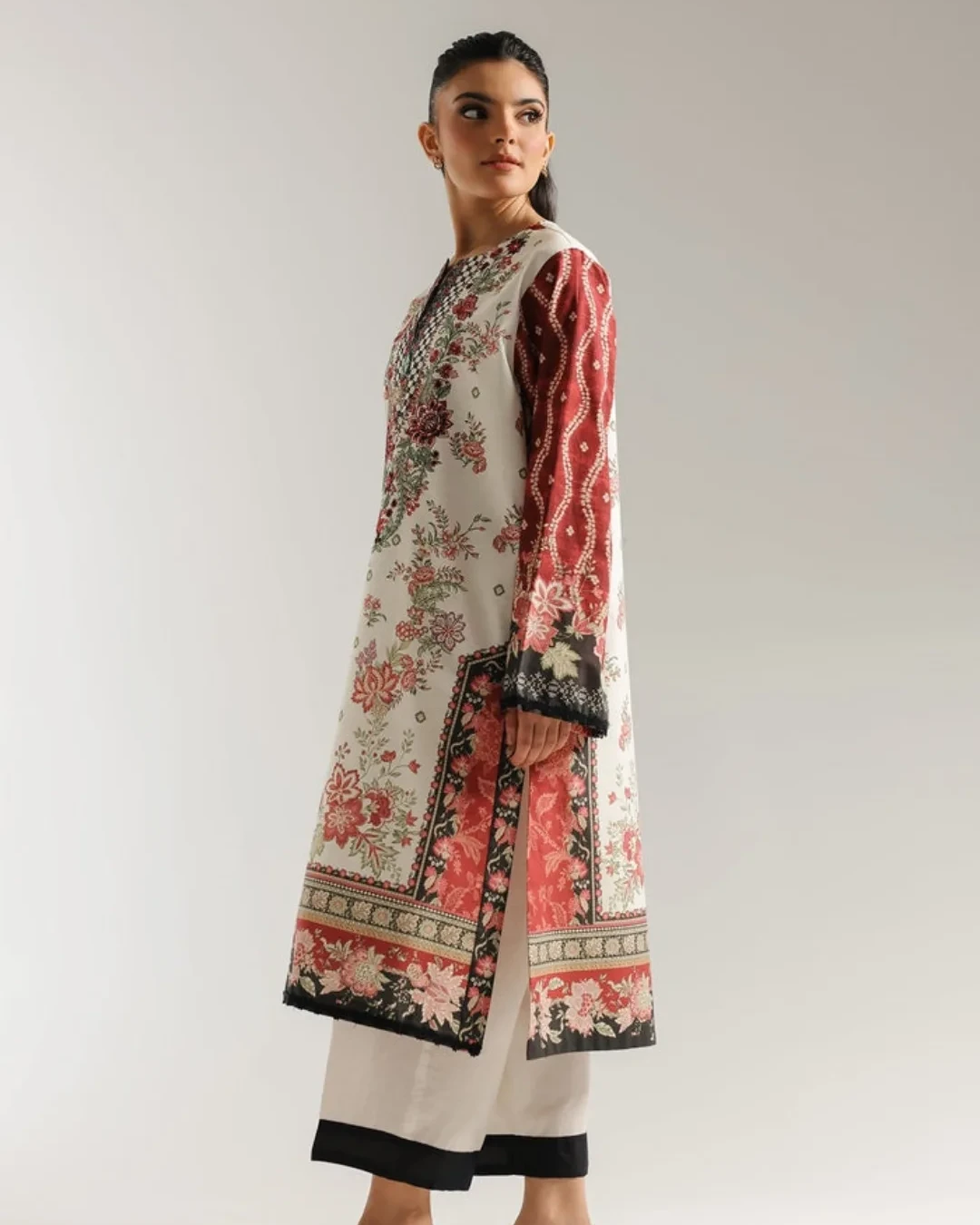 Zoya Crimson Ivory Embroidered Premium Cotton 3-Piece Suit