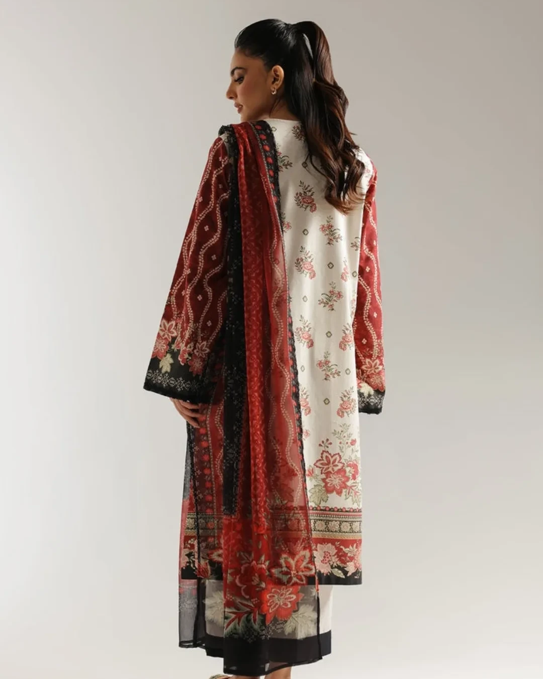 Zoya Crimson Ivory Embroidered Premium Cotton 3-Piece Suit