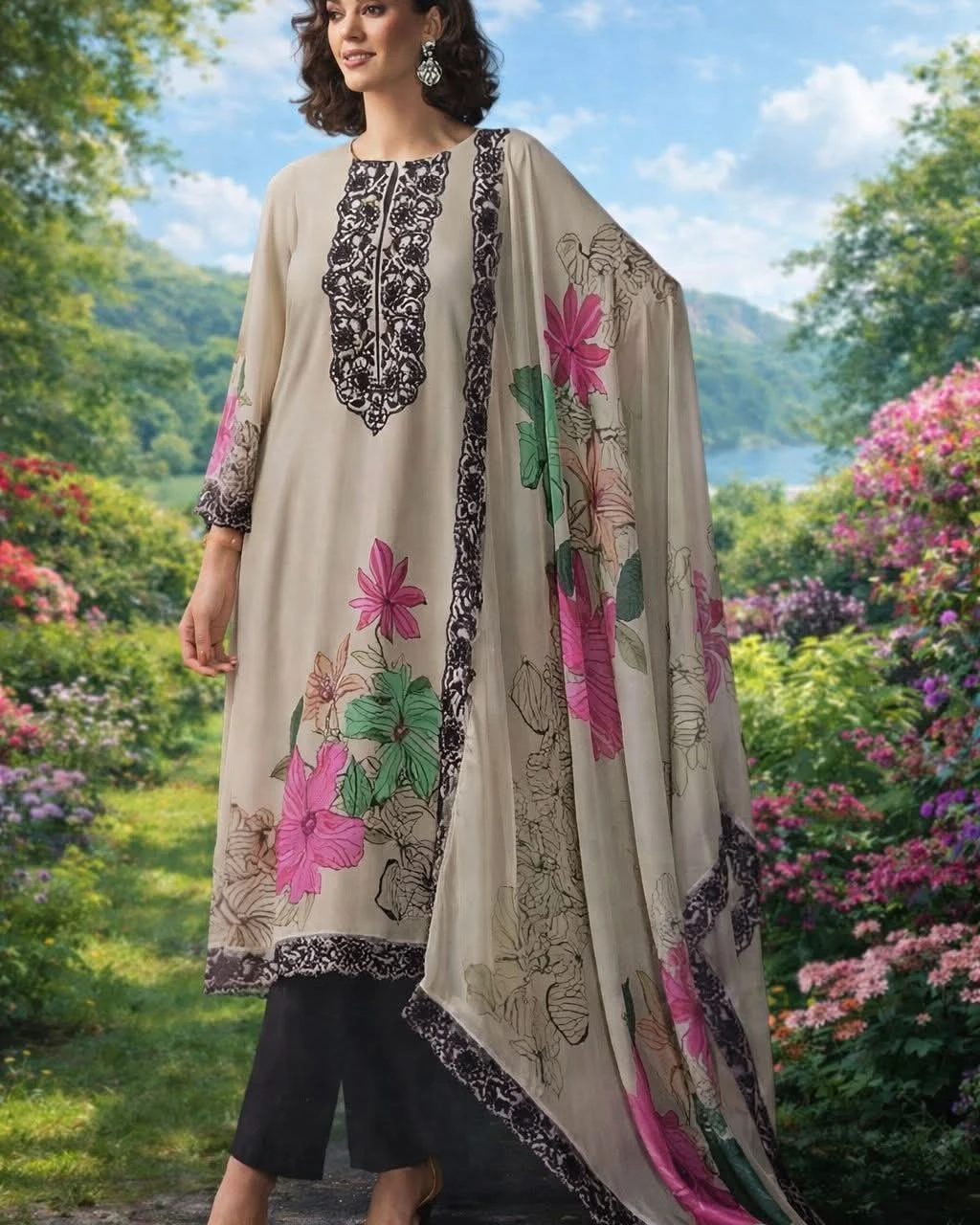 Kavya Sand Beige Embroidered Premium Slub Cotton 3-Piece Suit