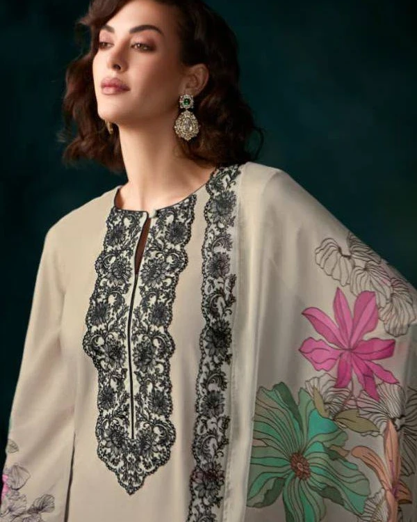 Kavya Sand Beige Embroidered Premium Slub Cotton 3-Piece Suit