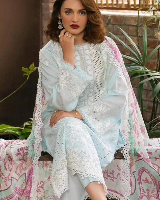 Zara Powder Blue Embroidered Premium Slub Cotton 3-Piece Suit