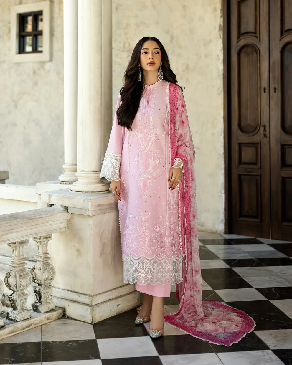 Inaya Blossom Pink Embroidered Premium Slub Cotton 3-Piece Suit