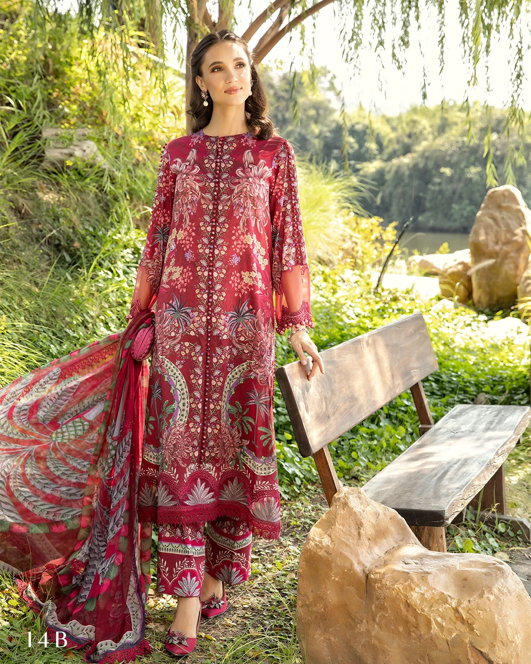 Eshna Maroon Dahlia Printed Premium Slub Cotton 3-Piece Suit