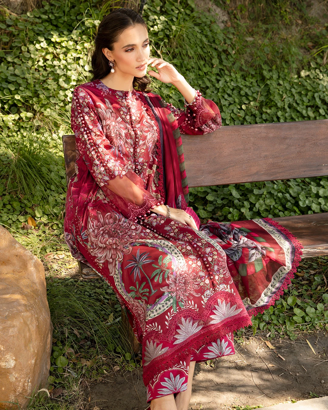 Eshna Maroon Dahlia Printed Premium Slub Cotton 3-Piece Suit