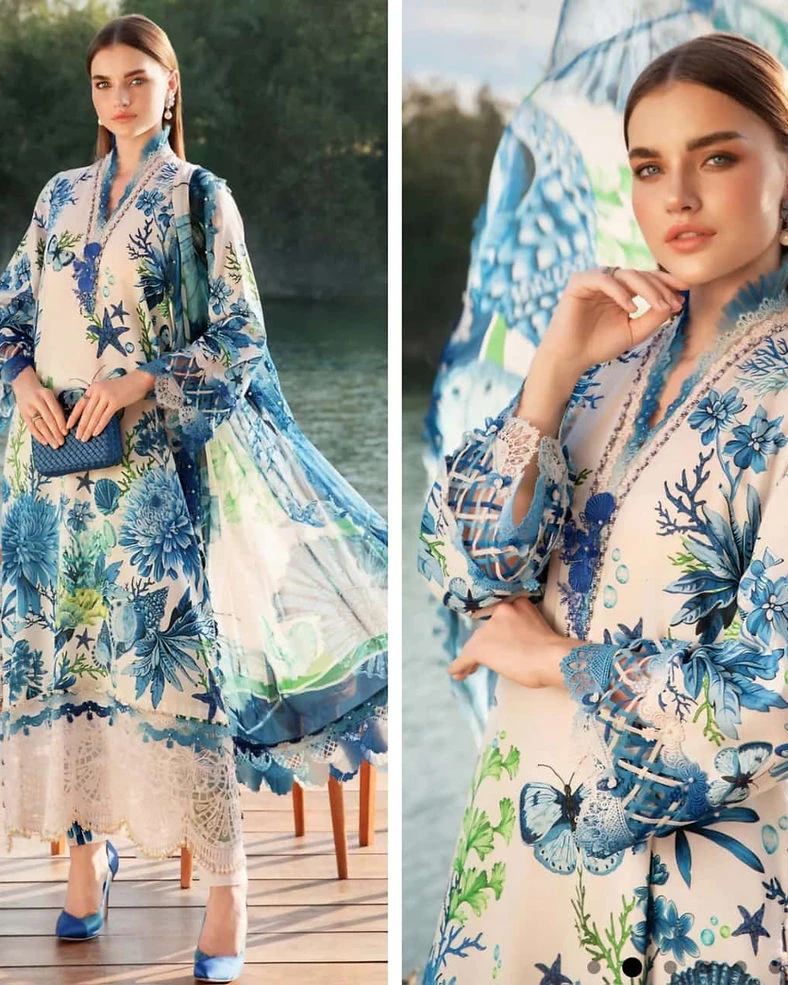Marina Aqua Blue Printed Premium Cotton 3-Piece Suit