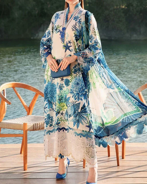 Marina Aqua Blue Printed Premium Cotton 3-Piece Suit