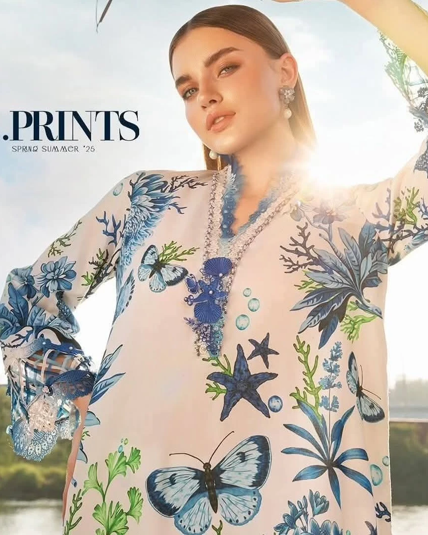 Marina Aqua Blue Printed Premium Cotton 3-Piece Suit